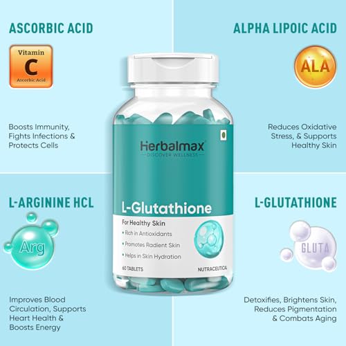 Herbal Max L-Glutathione 1000mg Tablets for Radiant Skin Glow & Lightening, 60 Count