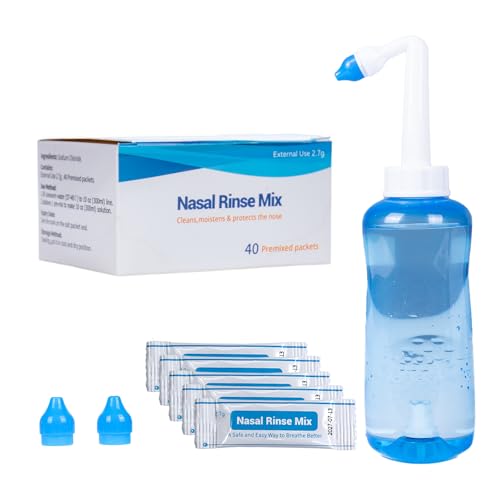 Nasal Rinse Kit for Adults & Kids - 40 Saline Packets & BPA-Free Bottle