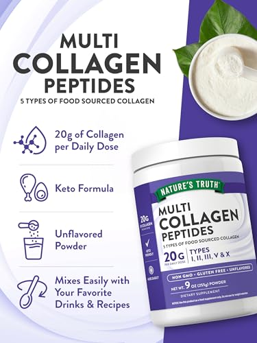 Nature's Truth Multi Collagen Peptide Powder – 9 oz – Types I, II, III, V, X – Hydrolyzed Collagen Protein – Unflavored – Keto & Paleo Friendly – Gluten Free