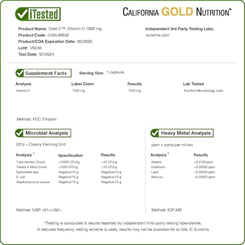 California Gold Nutrition, Gold C, USP Grade Vitamin C, 1,000 mg, 240 Veggie Capsules