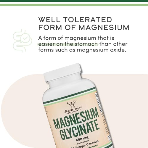 Double Wood Supplements Magnesium Glycinate 400mg - 180 Capsules - Vegan Safe, USA Made - High Absorption Formula