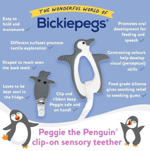 Bickiepegs Peggie the Penguin Clip-On Sensory Teething Toy - BPA-Free Baby Teether for Front & Back Teeth