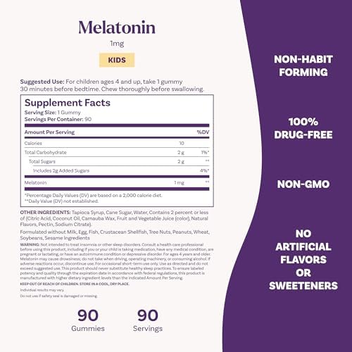 Natrol, Kids, Melatonin Gummies, Ages 4+, Raspberry, 1 mg, 90 Gummies