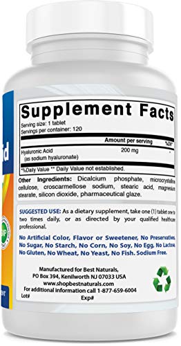 Best Naturals Hyaluronic Acid 200mg - Youthful Skin & Joint Support, 120 Tablets