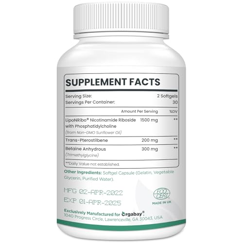 Orgabay Liposomal Nicotinamide Riboside 2000Mg with TMG & Pterostilbene - Boost NAD+ for Healthy Aging