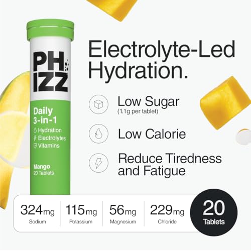 Phizz Electrolytes Hydration Tablets - Mango - 20 Effervescent Tablets with 18 Vitamins & Minerals