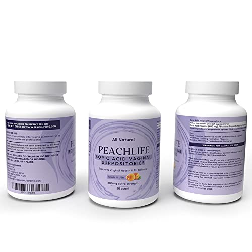 Peachlife Boric Acid Suppositories - USA Made - Vegetable Capsules for Feminine Health & pH Balance