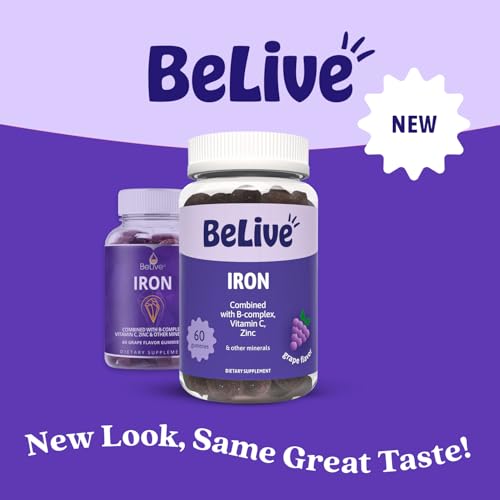 BELIVE Iron Gummy Bears - Vegan Iron Supplement with Vitamin C & B Vitamins - Grape Flavor - 60 Gummies