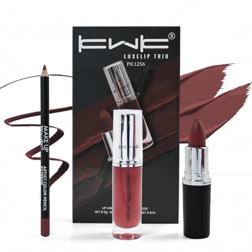 Triple Performance Lip Kit in Warm Dark Brown - Includes Liner, Matte Lipstick and Liquid Gloss - High Hold Formula and Superior Quality for a Sleek Look