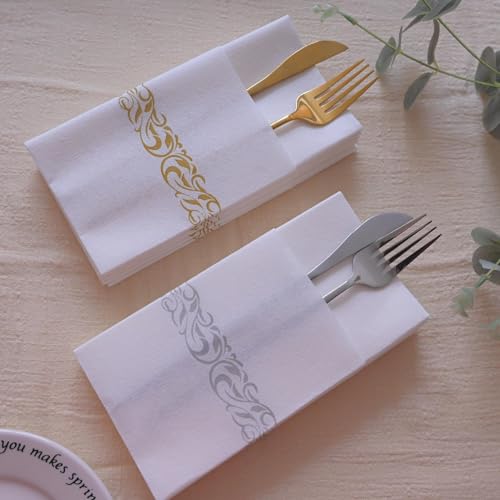 DADAWU Elegant White Linen-Feel Disposable Dinner Napkins with Gold Flatware Pocket - Pack of 50 for Parties & Weddings