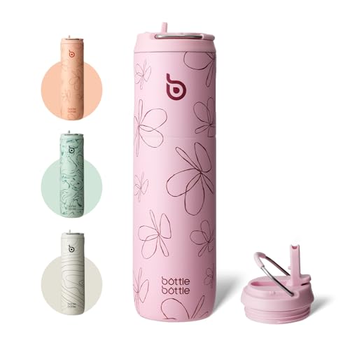 BOTTLE BOTTLE Insulated Water Bottle 24oz with Straw Lid - Double-Wall Vacuum Stainless Steel, Leak-Proof, Flower Frenzy Design