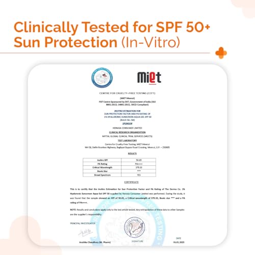 The Derma Co 1% Hyaluronic Aqua Gel Sunscreen SPF 50 PA++++ - Oil-Free, No White Cast, Broad Spectrum Protection, 50g