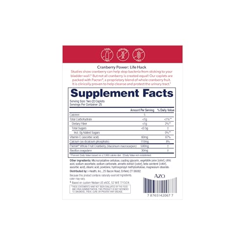 AZO Urinary Tract Health Cranberry Caplets - 50 Count | Fast Urinary Support