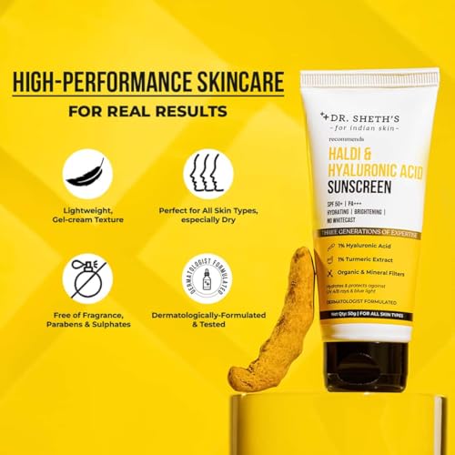 Dr. Sheth’s Sunscreen SPF 50 PA++++ with Hyaluronic Acid & Turmeric Extract - Hydrating, Non-Greasy, No White Cast, 50g