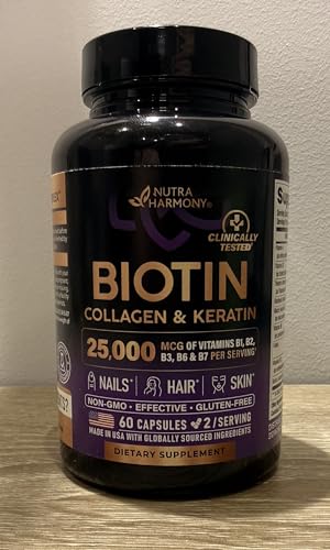 Biotin 25000 mcg, Collagen & Keratin Complex for Hair Growth, Skin & Nails (60 Capsules)