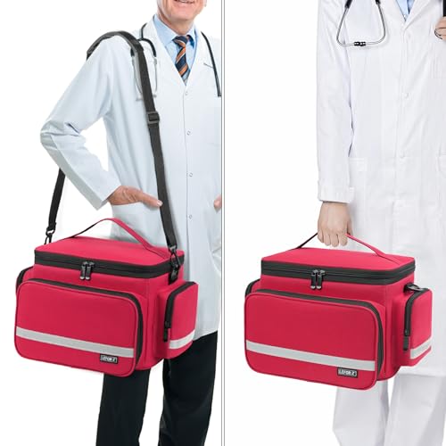 Premium Medical Bag with Detachable Divider - First Aid Nurse Tote for Home Healthcare, Students & Professionals - Red
