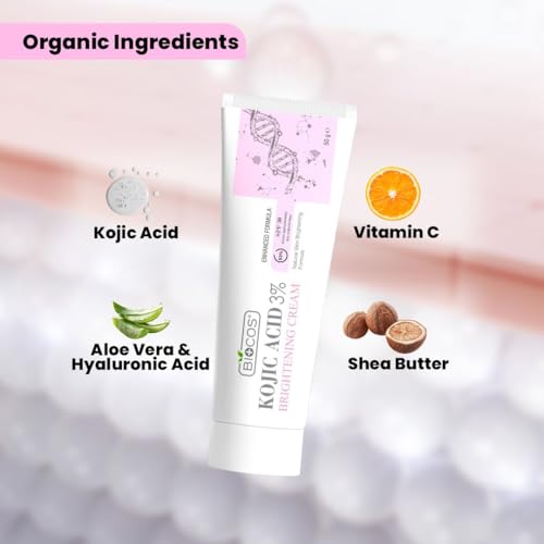 BIOCOS Kojic Acid Cream for Dark Spots & Hyperpigmentation - With 1 Free Cream - Skin Brightening & Acne Scar Removal with Glycolic Acid, Aloe Vera & Vitamin B5 - 50gm