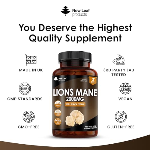 Lions Mane Mushroom 2000mg - 180 High Strength Vegan Tablets - Lion's Supplement with Black Pepper