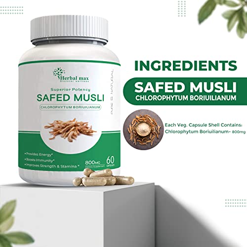 Herbal Max Safed Musli Extract 800mg 60 Capsule Combo with Ginseng