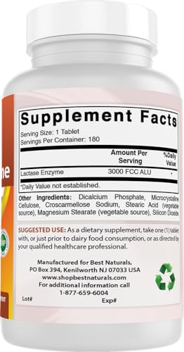 Best Naturals Fast-Acting Lactase Enzyme 3000 FCC ALU, 180 Tablets