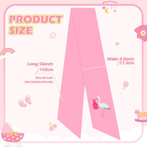 WATINC Pink Stork Baby Shower Wreath Sash - 2 Pcs Girl Gender Reveal Door Decor (56'' x 4.5'')