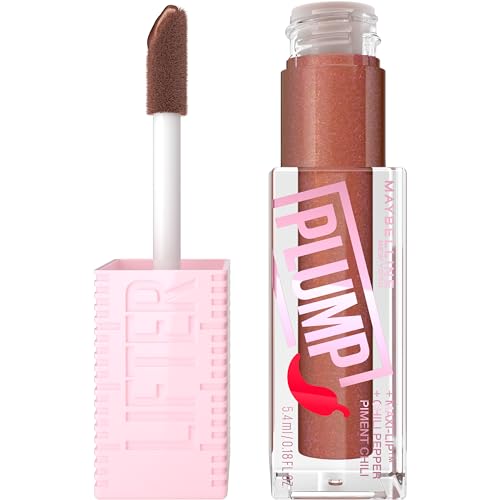 Maybelline Lifter Gloss Lifter Plump - Cocoa Zing | Plumping Lip Gloss with Chili Pepper & 5% Maxi-Lip | Sheer Cool Brown | 1 Count