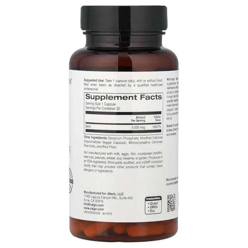 California Gold Nutrition Biotin 5,000 mcg - Hair, Skin & Nails Support - 30 Veggie Capsules