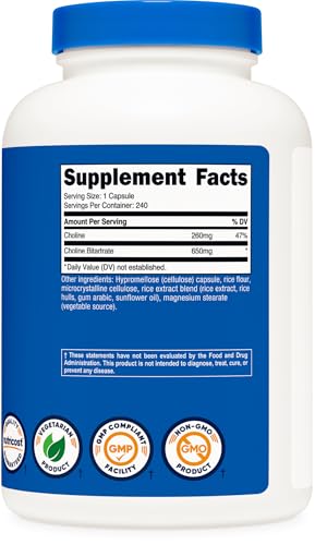 Nutricost Choline Bitartrate 650mg - 240 Vegetarian Capsules | Non-GMO, Gluten-Free Brain Support