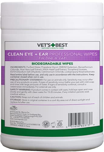 Vets Best Ear Wipes for Dogs & Cats - Gentle Cleansing (160 Count)