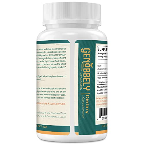 Liposomal NAD+ Supplement with Nicotinamide Riboside & Resveratrol - 800 mg NAD+ for DNA Repair, Brain Function & Healthy Aging - 360-Day Supply