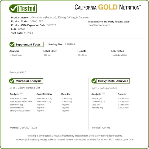 California Gold Nutrition L-Glutathione 500mg - 30 Veggie Capsules for Detox & Immunity