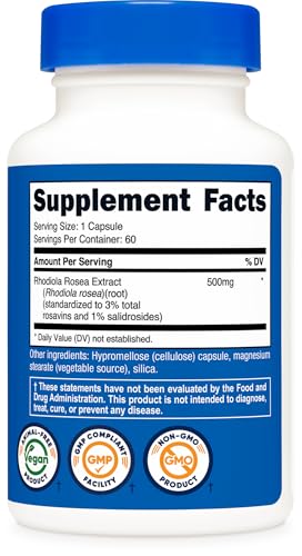 Rhodiola Rosea 500mg, 60 Gluten Free, Non-GMO Vegetarian Capsules