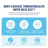 BLIS ThroatHealth Oral Probiotic - Most Potent BLIS K12 Formula - 2.5 Billion CFU - Throat Immunity Support for Adults and Kids - Sugar-Free Lozenges - 30 Day Supply