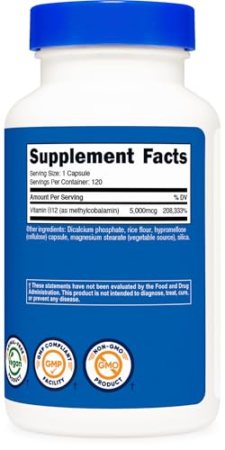 Nutricost Vitamin B12 (Methylcobalamin) 5000mcg - 120 Vegetarian Capsules, Non-GMO, Gluten Free