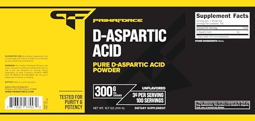 Primaforce D-Aspartic Acid 300g Powder - Unflavored Vegetarian Non-GMO Testosterone Support 100 Servings