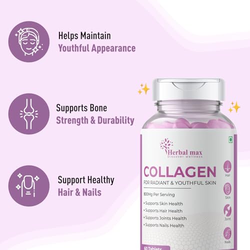 Herbal Max Collagen Tablets - Enhance Skin Repair & Youthful Radiance, 800mg 180 Tabs Pack of 3