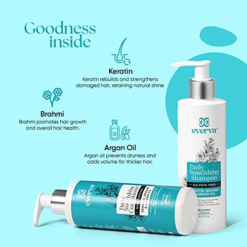 Sulfate Free Daily Nourishing Shampoo and Conditioner Set with Keratin, Brahmi & Argan Oil - 250ml each