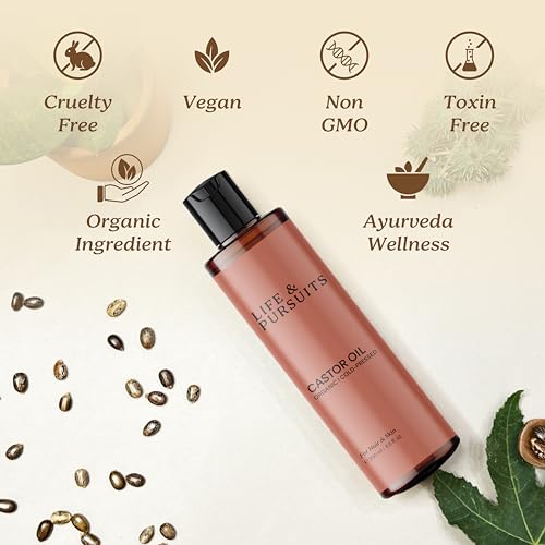 Life & Pursuits Organic Castor Oil (6.76 fl oz) - 100% Pure Hair Growth Oil and Moisturizer for Healthy Hair, Eyelashes, Eyebrows and Skin - Hexane-Free & Cold-Pressed Natural Oil