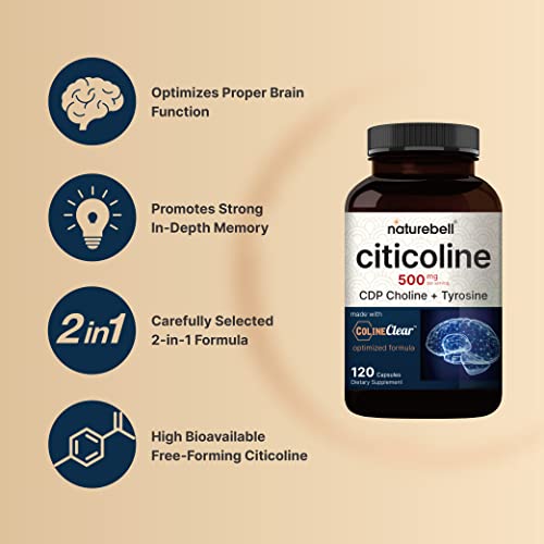 NatureBell Citicoline CDP Choline 500mg + Tyrosine 50mg - Brain Support Supplement - 120 Capsules - Non-GMO