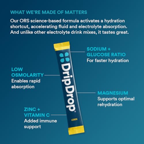 DripDrop Hydration Packets - Lemon - Single Serve Electrolytes Powder Drink Mix - Non-GMO, Gluten Free, Vegan - 32 Sticks