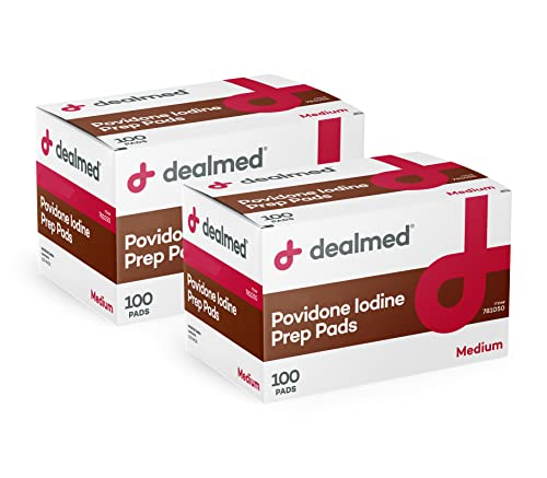 Dealmed 10% Povidone Iodine Prep Pads - Antiseptic Wipes for Wound Care (200 Count, 2 Boxes)