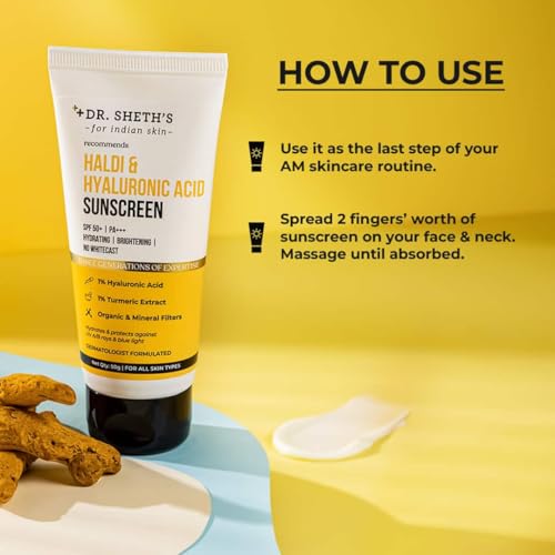 Dr. Sheth’s Sunscreen SPF 50 PA++++ with Hyaluronic Acid & Turmeric Extract - Hydrating, Non-Greasy, No White Cast, 50g