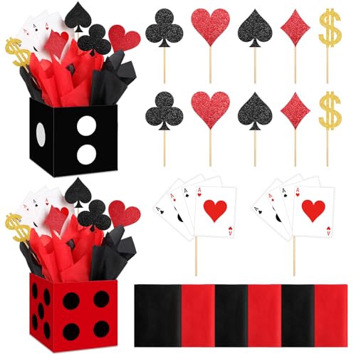 2 Set Casino Theme Party Decorations - 6x6x6 Inch Paper Poker Boxes with Centerpiece Sticks