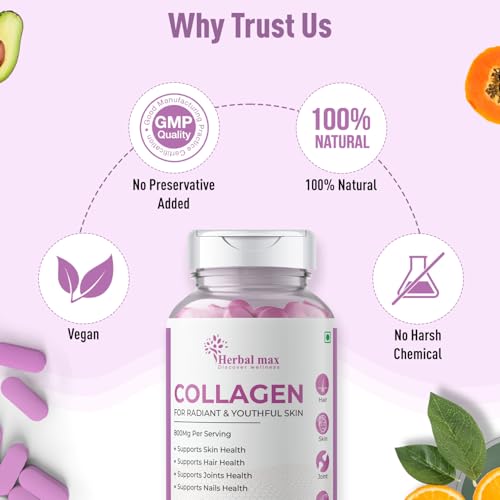 Herbal Max Collagen Tablets - Enhance Skin Repair & Youthful Radiance, 800mg 180 Tabs Pack of 3