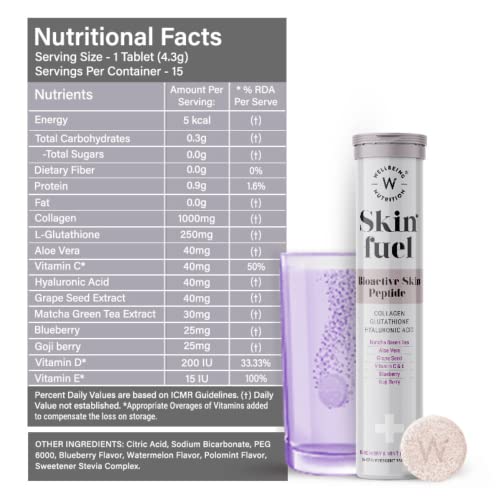Wellbeing Nutrition Skin Fuel: Collagen, L-Glutathione & Hyaluronic Acid Effervescent Tabs (30 Count)