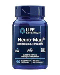 Life Extension Neuro-mag Magnesium L-threonate, Magtein, Magnesium Supplement, Brain Health, Memory & Attention, Gluten Free, Vegetarian, Non-GMO, 90 Vegetarian Capsules