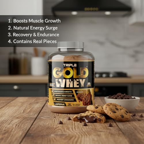 Laperva Triple Gold Whey Protein Powder - Crunchy Chocolate with Real Mango Pieces, 5 LB (70 Servings)
