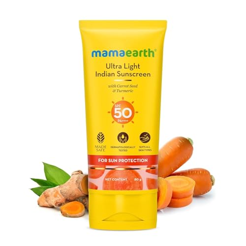 Mamaearth Ultra Light Indian Sunscreen SPF 50 PA ++++ - Carrot Seed & Turmeric, No White Cast, 80g