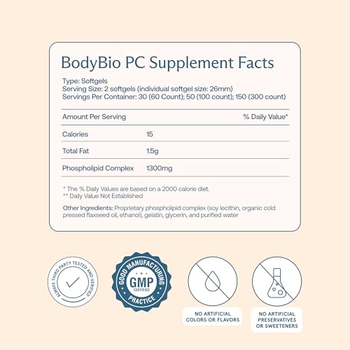 BodyBio PC Phosphatidylcholine + Phospholipids - Liposomal for Brain & Cell Health - 60 Softgels