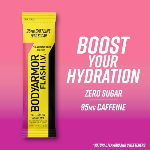 BODYARMOR Caffeinated Flash I.V. Electrolyte Packets - Dragonfruit Berry | Zero Sugar Energy Drink Mix | Pre-Workout Hydration (6 Count)